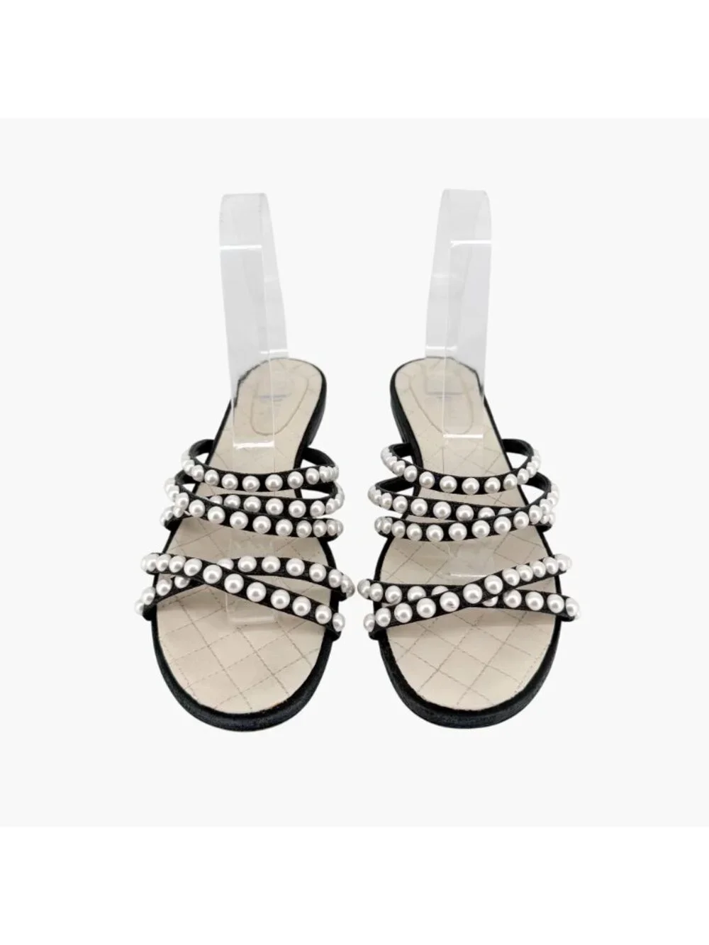 Chanel CC Pearl Strappy Slide Sandals Black White Flat Size 38.5 US 7.5-8 Women